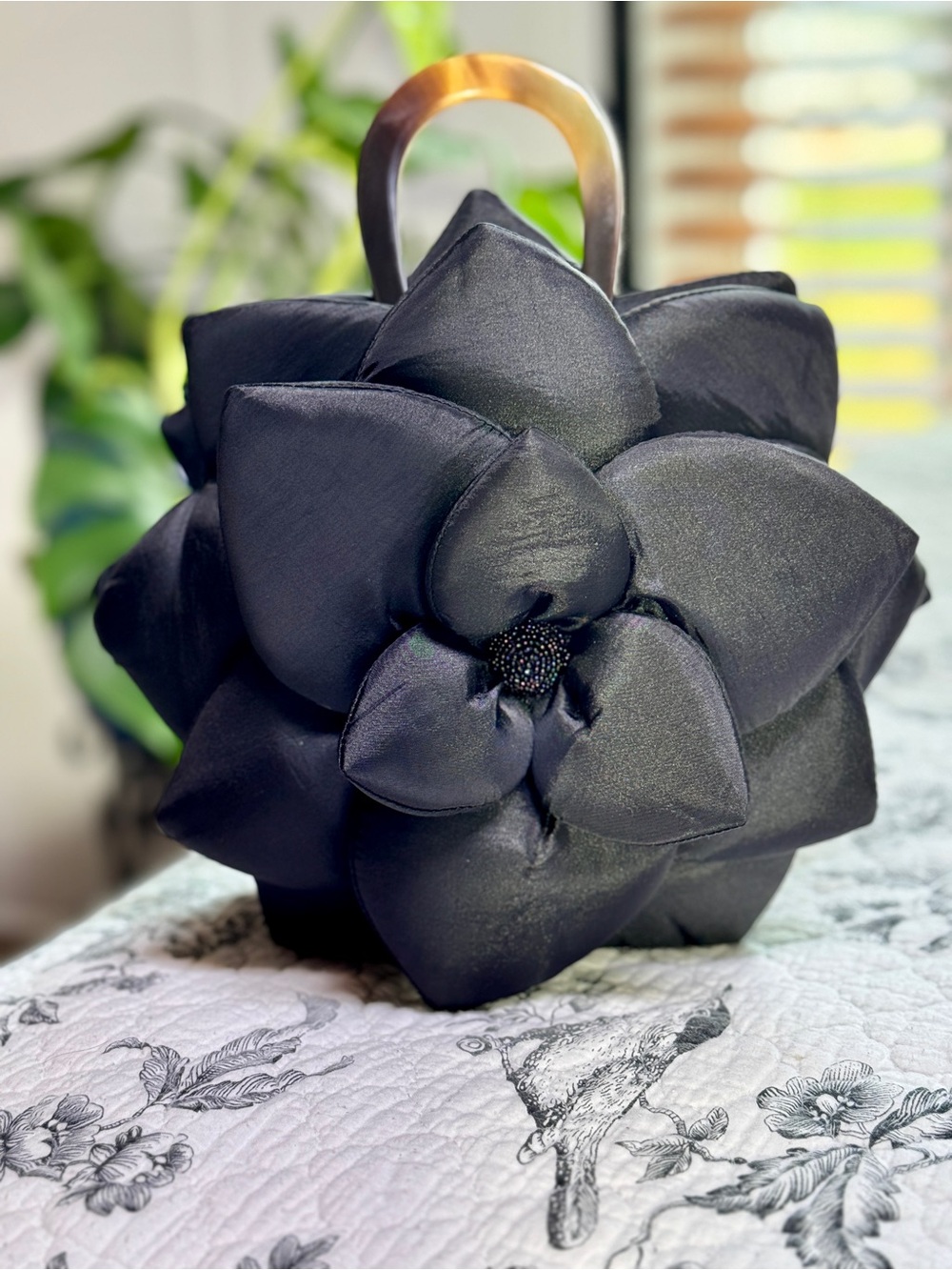 Vintage Black Satin Floral Top-Handle Clutch
